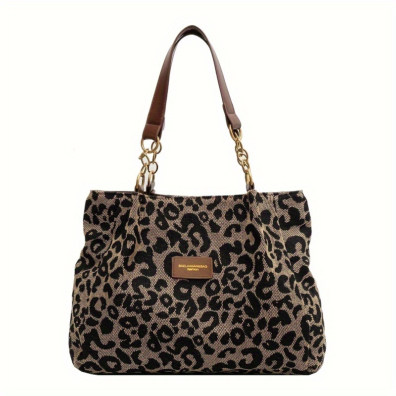 Leopard Print Canvas Tote Bag, Fashionable Shoulder Bag Women, Perfect For School, Office, And Shopping