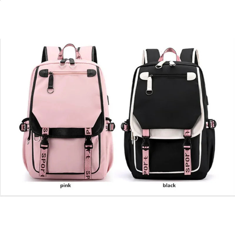 large school bags for teenage girls USB port canvas schoolbag student book bag fashion black pink teen school backpack 241230