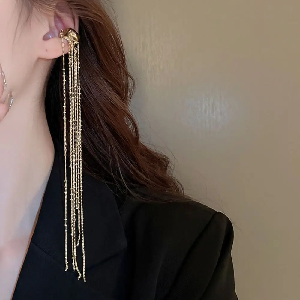 Fashion Cshaped Long Tassel Ear Clip Personality Minority Irregular Alloy Cuff for Women Party Jewelry 241225