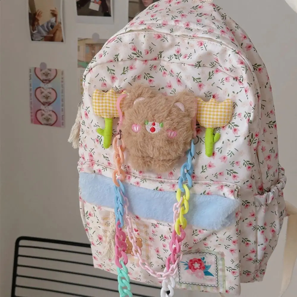 Kawaii Cartoon Floral Backpack Funny Nylon Floral School Bag Large Capacity Handbag Student Laptop Bag 241230
