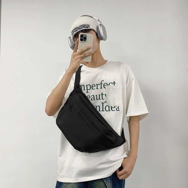 Men's bag, travel crossbody bag, trendy brand chest bag, sports style casual canvas waist bag, simple solid color chest bag 241230