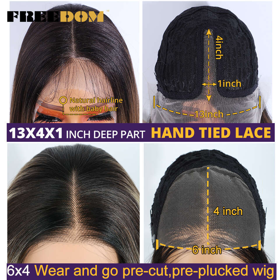 Synthetic Lace Front For Black Woman Layered Straight Wear And Go Glueless Wigs Ombre Brown T Part & 6X4 Pre Plucked Wig