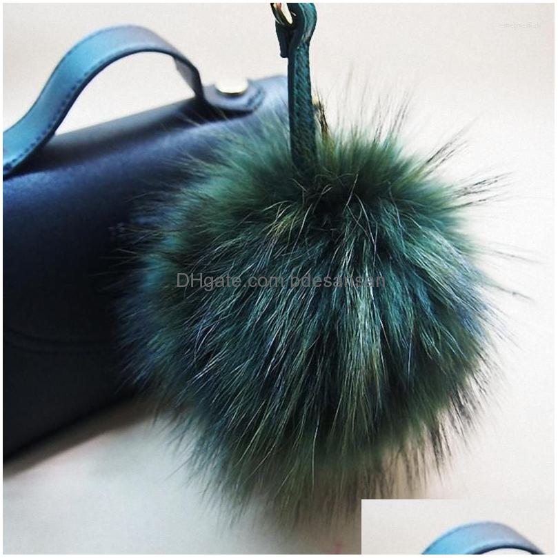 Keychains Lanyards 16Cm Luxury Fluffy Real Raccoon Fur Ball Pompom Plush Size Genuine Keychain Metal Ring Pendant Bag Charm K042Red Dhoia