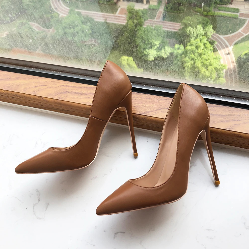 Tikicup Dark Brown Matte Women Pointy Toe Slip On High Heel Shoes Elegant Ladies Formal Dress Stiletto Pumps Plus Size 33-45 241230