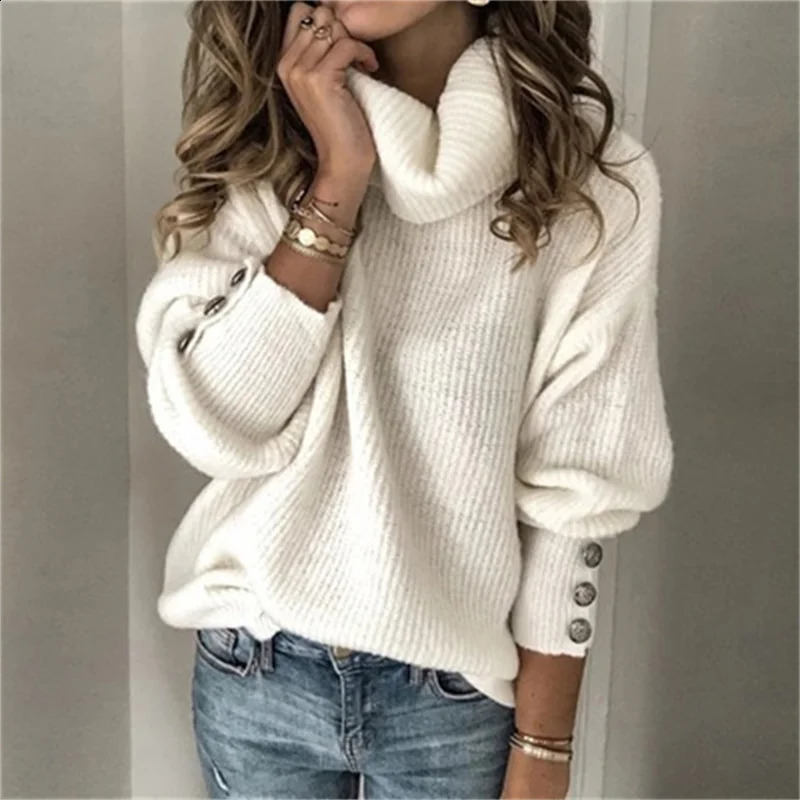 2024 Fashion Button Decoration Lantern Long Sleeve Knitwear Women Turtleneck Sweater Female Solid Color Pit Stripes Knitted Tops 241223
