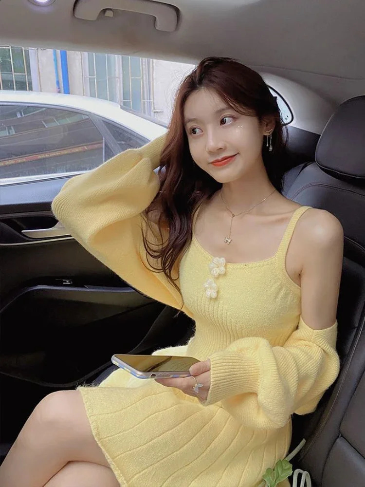 Sweet Knitted Autumn Winter Two Piece Dress Set Women Casual CoatStrap Female Korean Style Solid Slim Chic Suit 241220