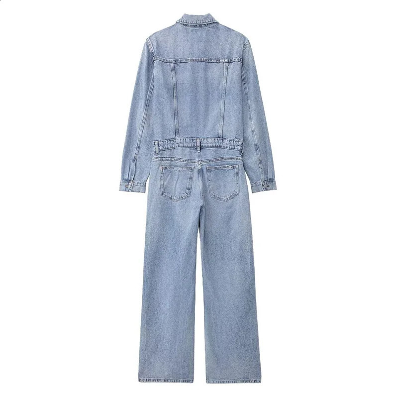 Summer Fashion Womens Straight Denim Jumpsuit Button Long Sleeve Chic Pleated Slim Long Casual Classic Denim Jumpsuit 241230