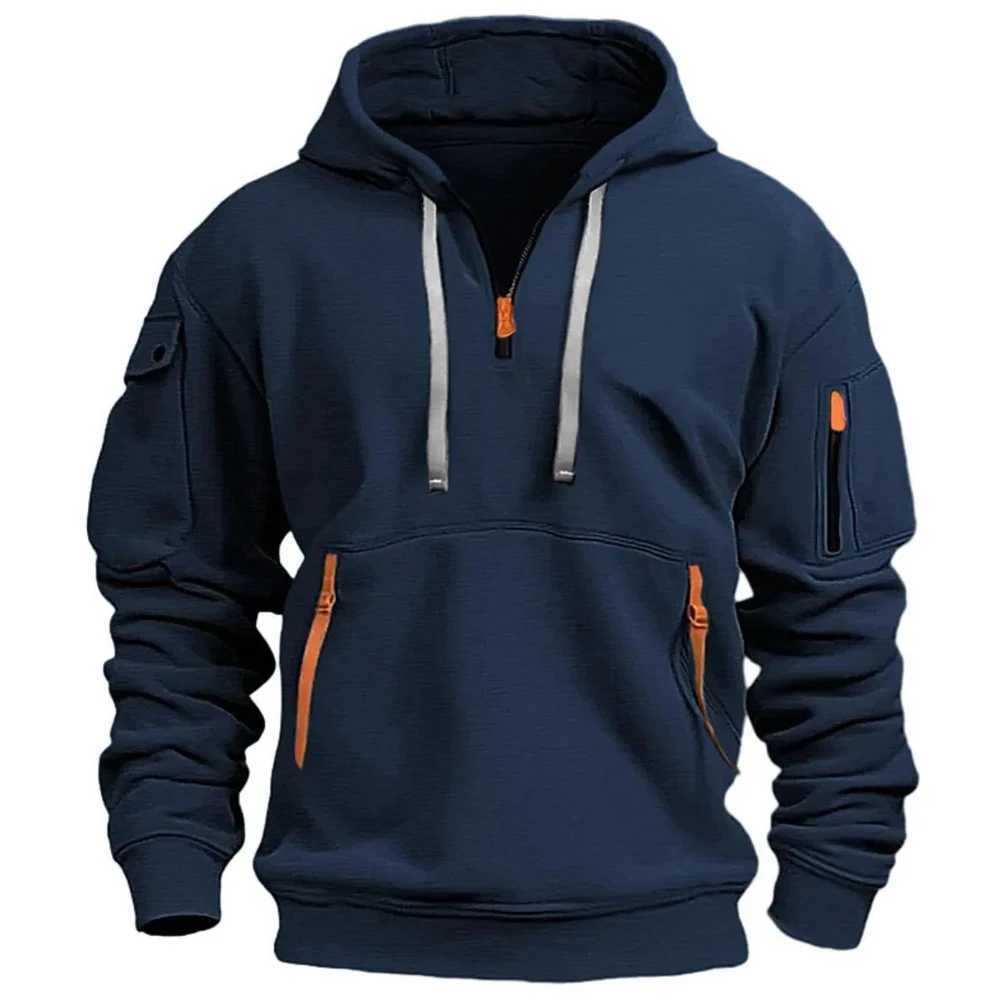 2024 New Multi Pocket Zipper Wool Hooded Mens Casual Shirt Solid Color Loose Fashion Sportswear Top W241230