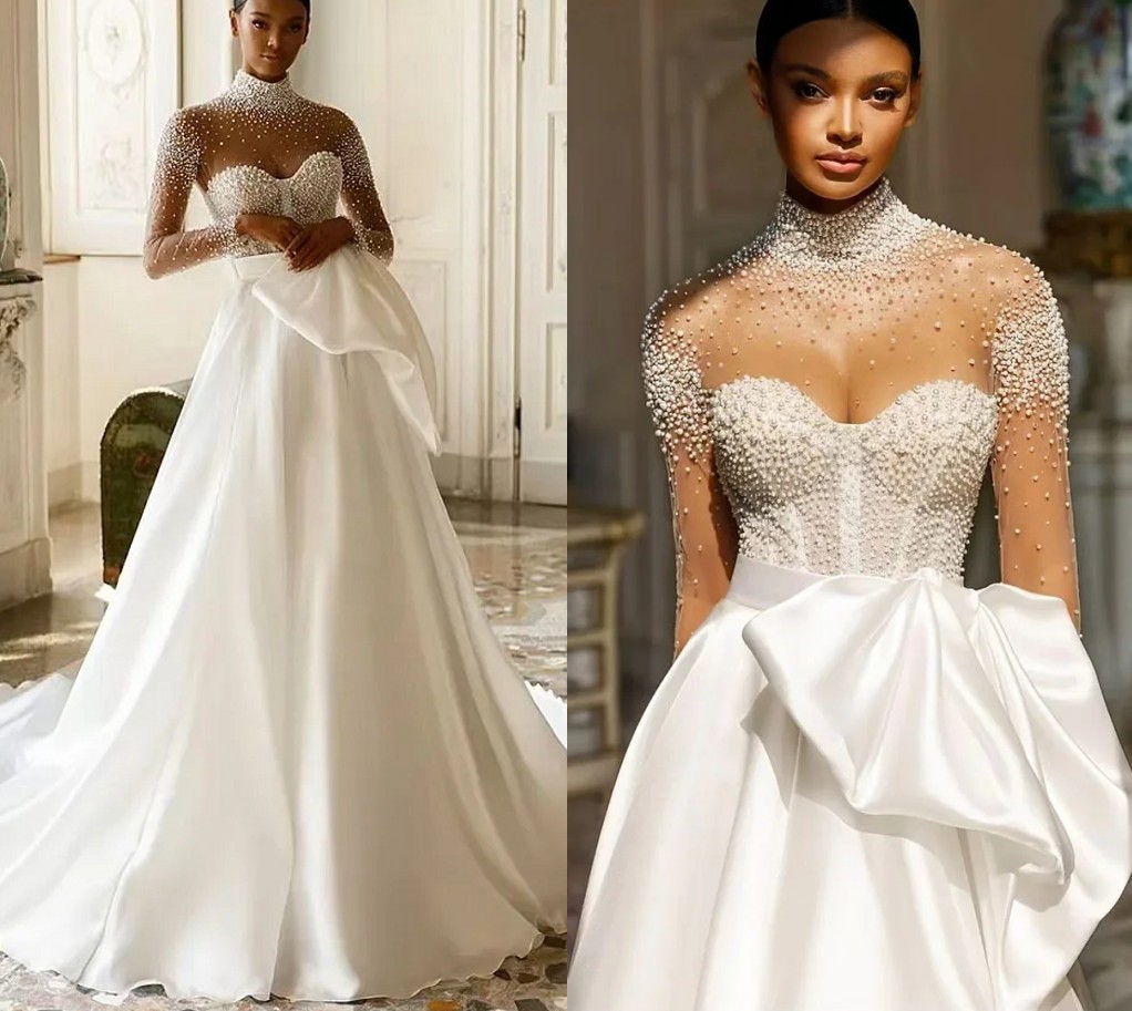 2025 Elegant A-line Bride Wedding Dress High Neck Pearls Beading Long Sleeve Satin Bridal Formal Gowns Vestidos De Novia African Robe De Mariage