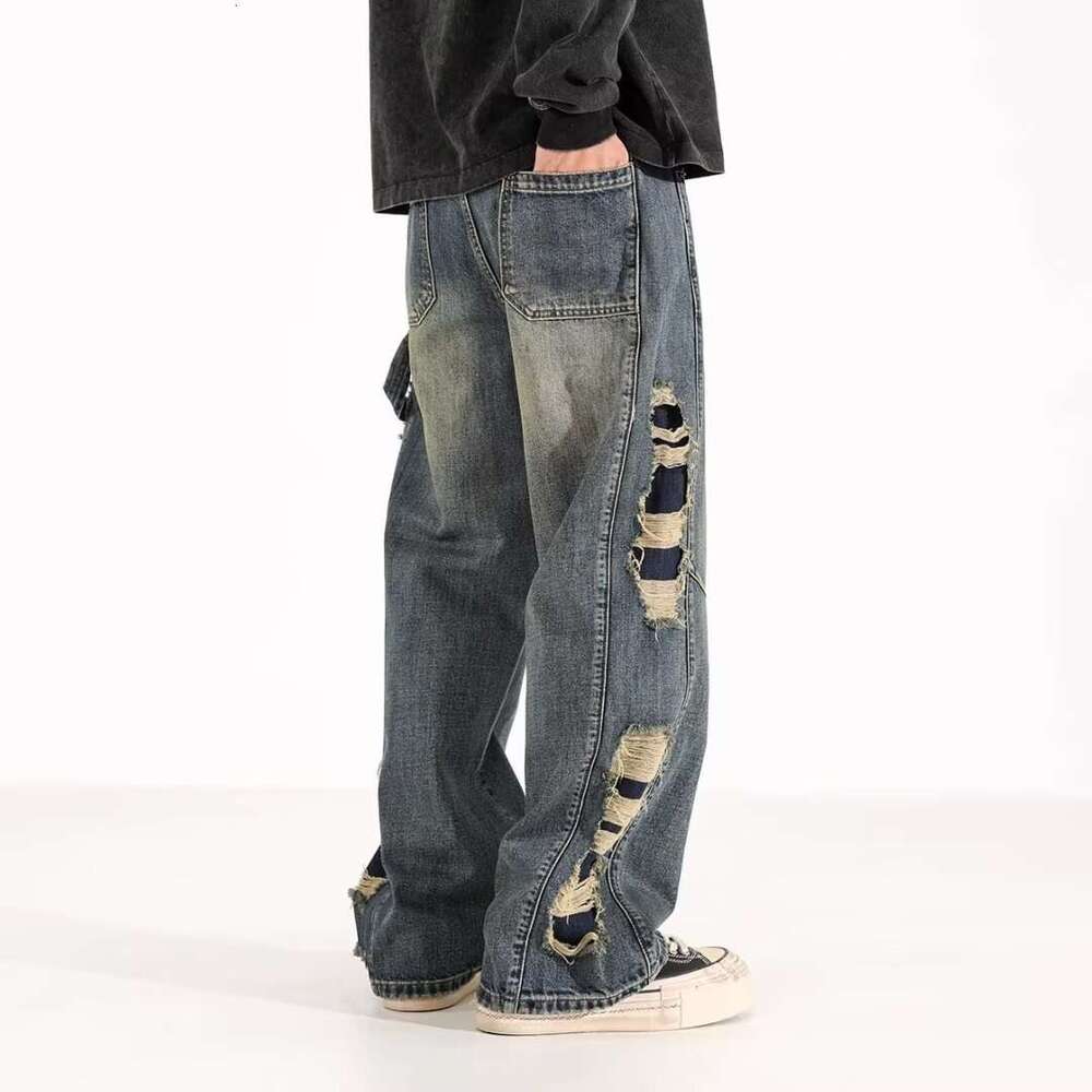 Men's Wear Hip Hop Jeans Street Jeans American Style Vintage Clean Fit Loose Ripped Jeans Men's High Street Trendy Brand Versatile Straight 