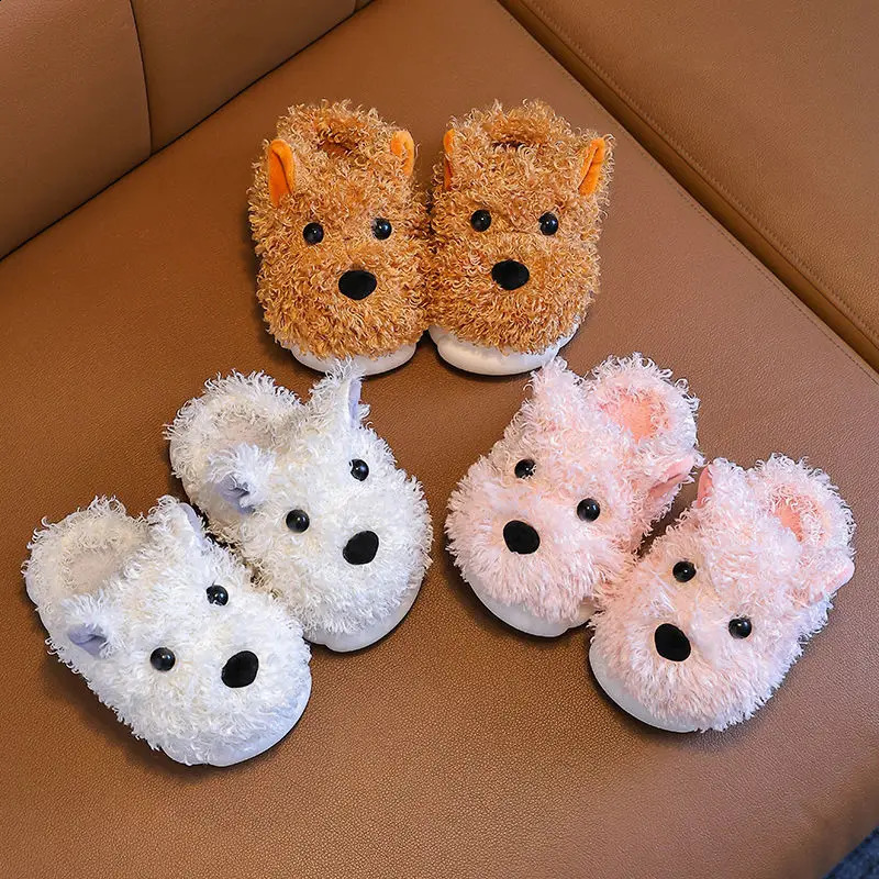 Cartoon Dog Kids Slippers Cute Animals Winter Shoes For Boys Girls Plush Warm Soft Bottom Children Indoor Slippers 241230