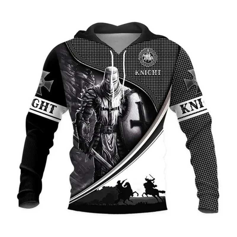 Knight Templar Hoodie Mens 3D Medieval Soldier Armor Printed Hoodie Retro Street Clothing Fashion Pocket Zipper Casual Clothing W241230