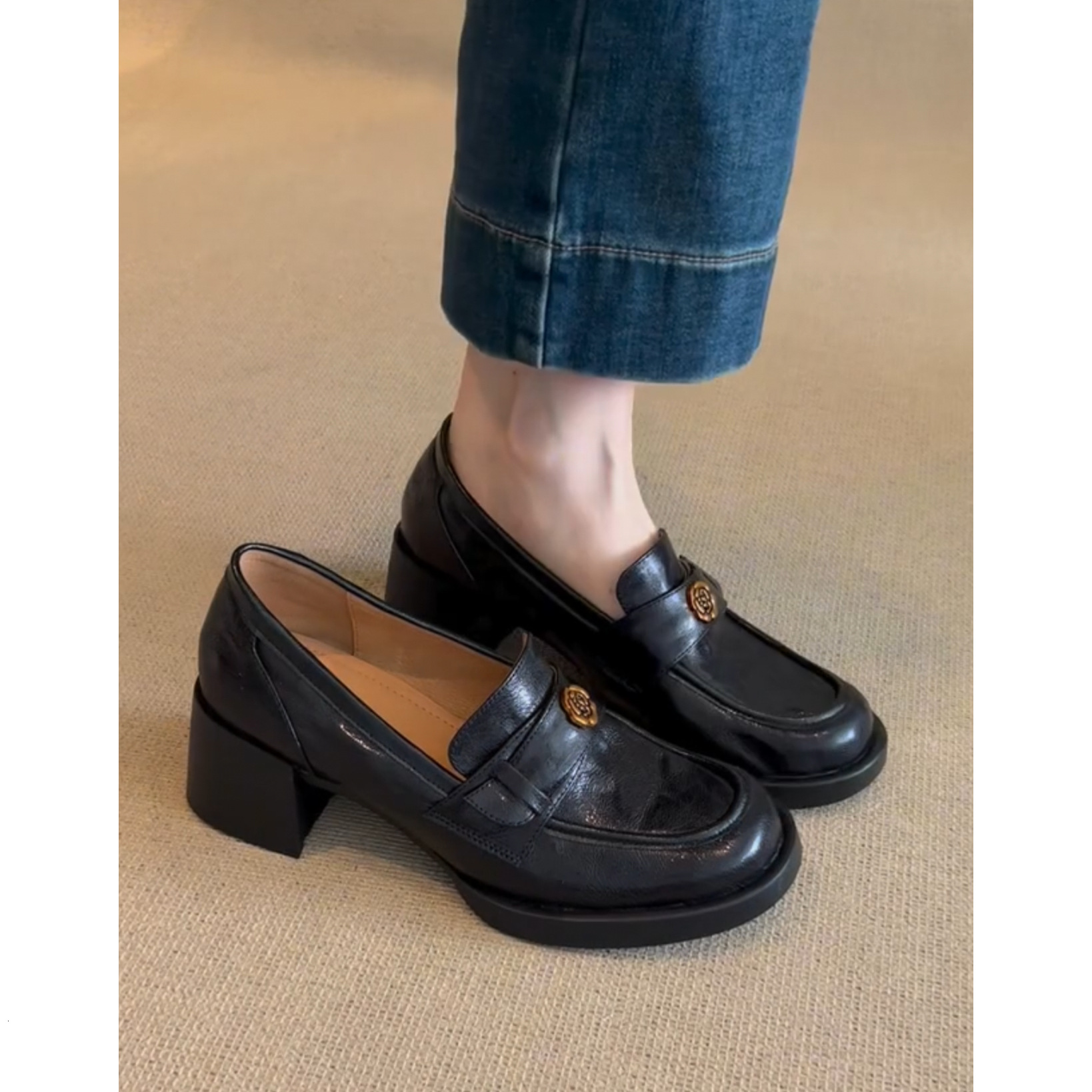 Sheepskin Edition~True Leather Mountain Camellia Black High Heels Le Fu Shoes for Women 2024 New Small Leather Shoes Coarse Heel Temperament Single Sh