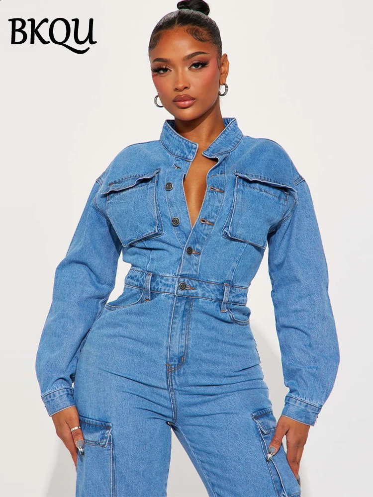 BKQU Denim Jumpsuit for Women Stretch Cargo Pocket Jean Overalls Long Sleeve Elegant Single Breasted Jumpsuit Y2k Streetwear 241230