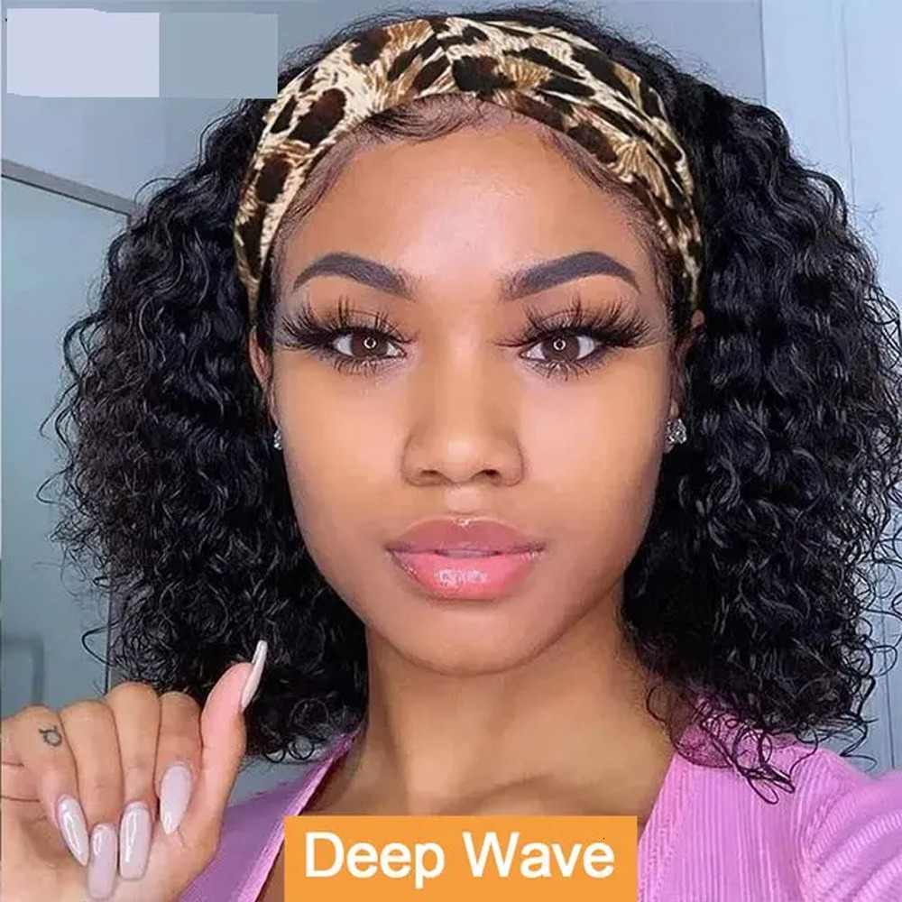 Water Wave Headband Kinky Curly Wigs For Women Brazilianfull Hine Made Remy Human Hair Scarf Wig