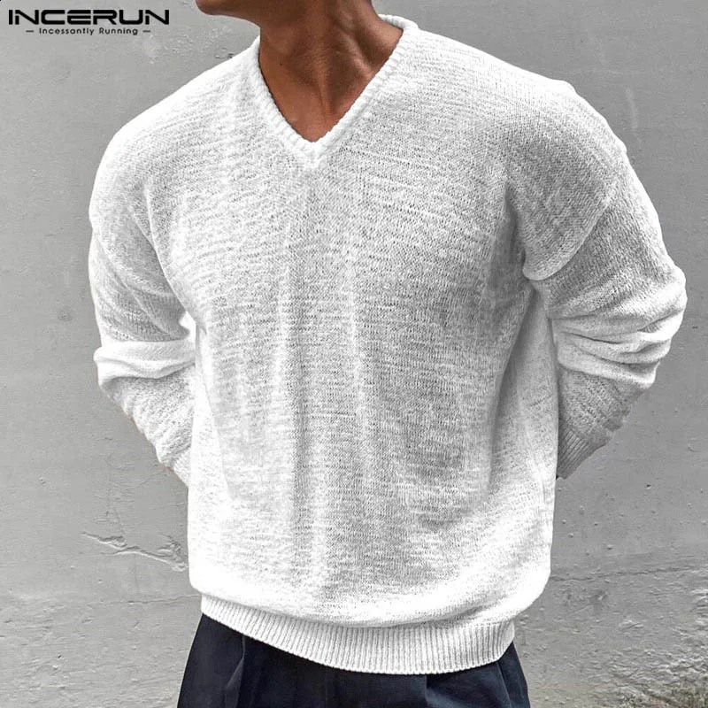 INCERUN Tops 2024 Korean Style Mens Fashion V-neck Loose Thin T-shirt Casual Simple Texture Knitted Long Sleeved Camiseta S-5XL 241230