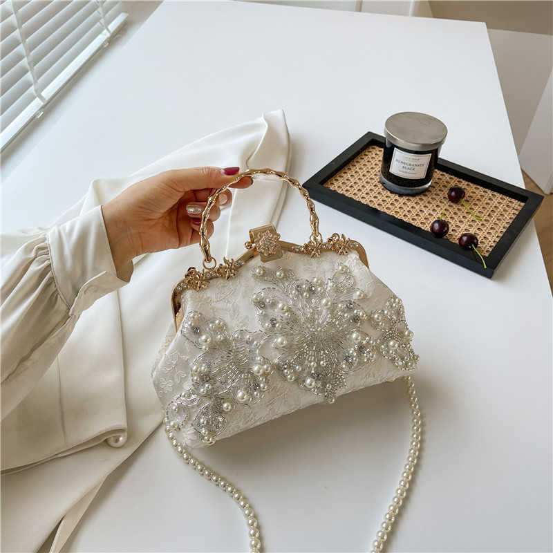 Pearl Embroidered Fashion Handbag Qipao Banquet Handheld Bag Chain Bar Bag Embroidered Pearl Bag Single Shoulder Bag Pearl Chain Bag