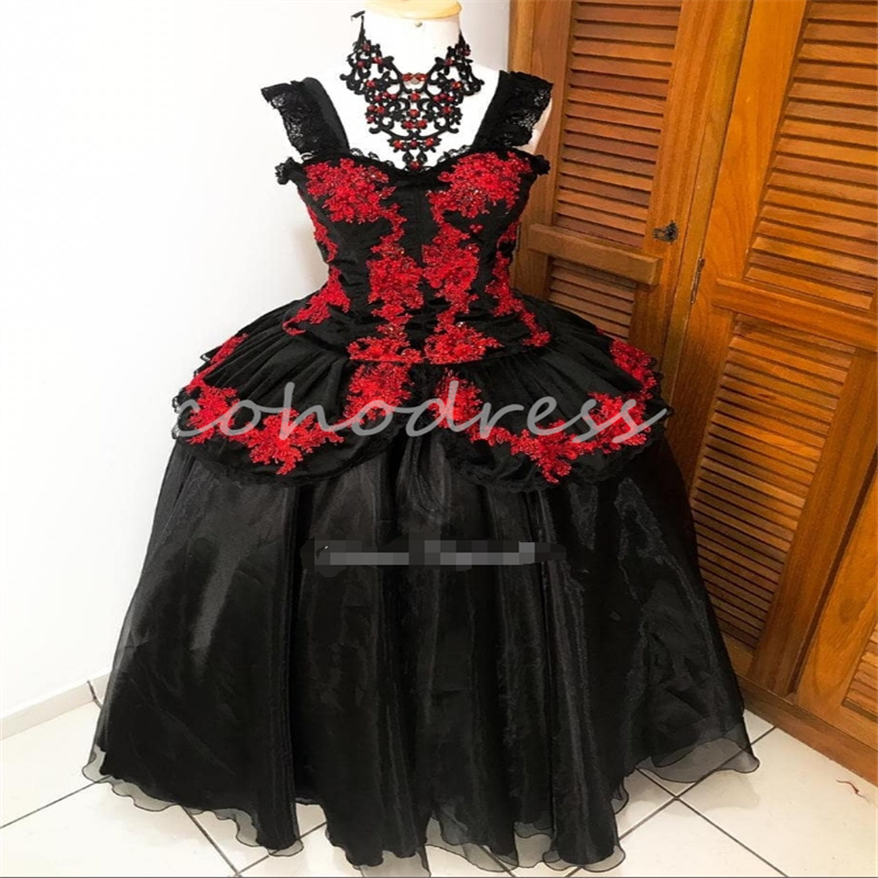 Victorian Black Prom Dress Gothic Steampunk With Red Lace Medieval Renaissance Bustle Evening Dress French Duchess Folklorico Costume Gothic Halloween