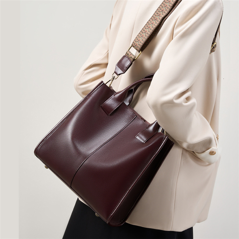 Burminsa Cowhide Genuine Leather Large Tote Handbags For Women New 2025 Trend Designer Wide Strap Ladies Shoulder Messenger Bags