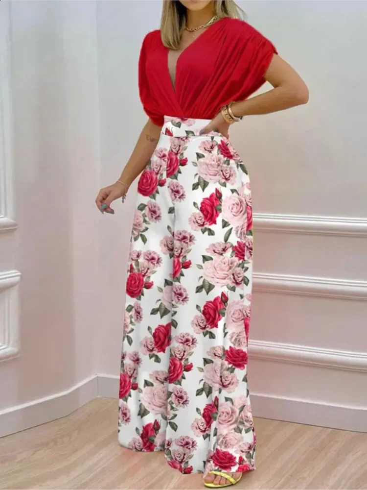 Summer Printed Pants Set Fashion Raglan Sleeves Vneck Cropped Top High Waist Wide Legs Trousers Two Piece Female 241220