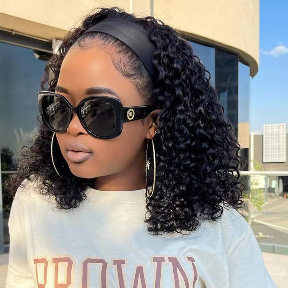 Water Wave Headband Kinky Curly Wigs For Women Brazilianfull Hine Made Remy Human Hair Scarf Wig