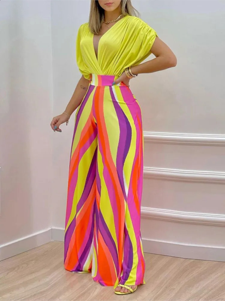 Summer Printed Pants Set Fashion Raglan Sleeves Vneck Cropped Top High Waist Wide Legs Trousers Two Piece Female 241220