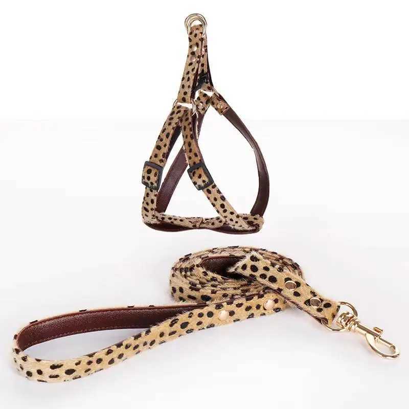 Leopard with Hair Fashion Pet Collar Set Dog Substantial Harnesses Traction Rope Suit Adjustable Cute Pet Decoration AccessoriesXJ241230