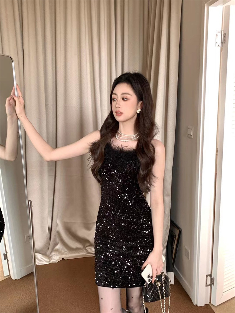 D125 Autumn new women's sexy lace mesh one-shoulder tube top slightly transparent slim dress for women