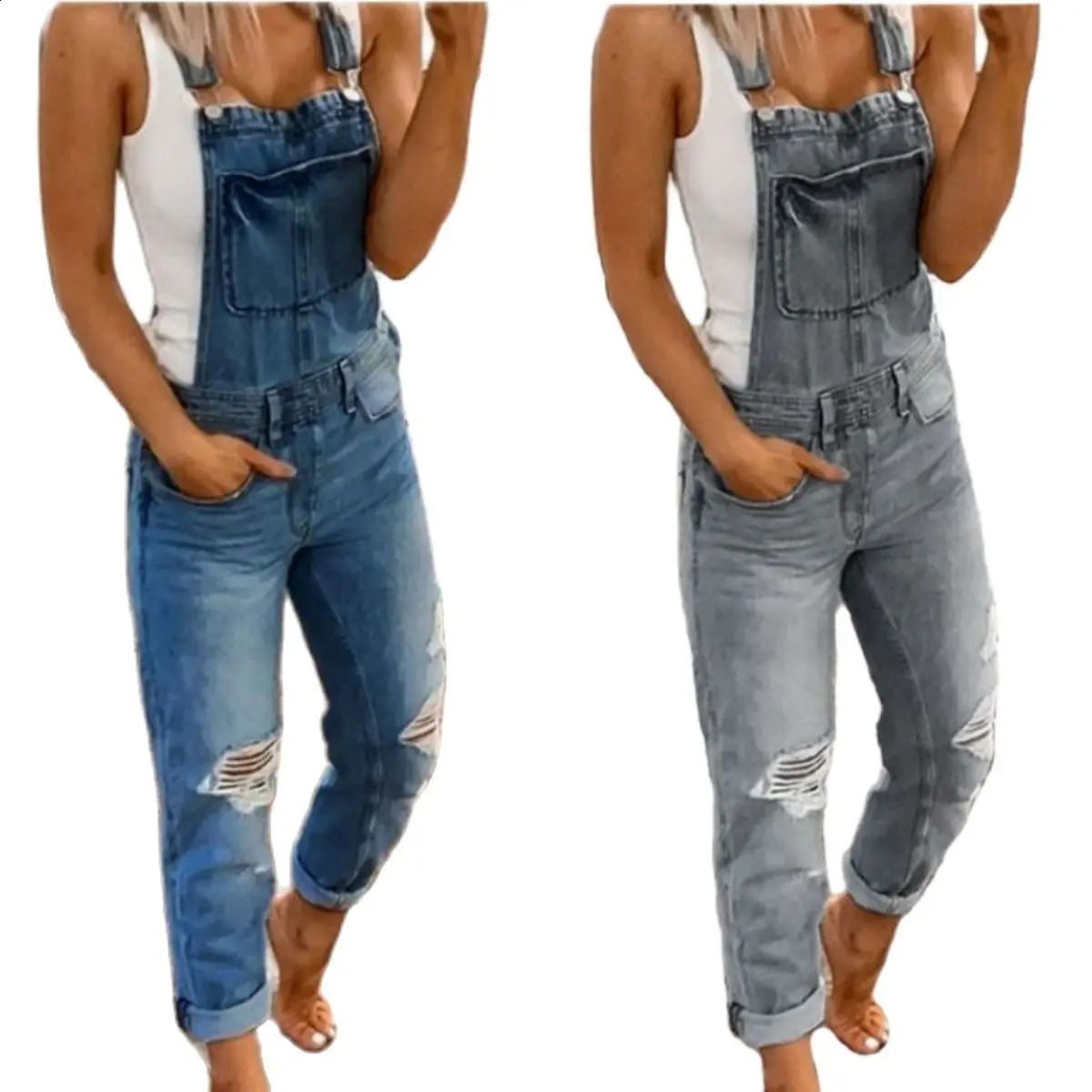 Suspenders Denim Jumpsuit For Women Fashion Ripped Jeans Jumpsuit Casual Female Clothing S-3XL Drop 241230