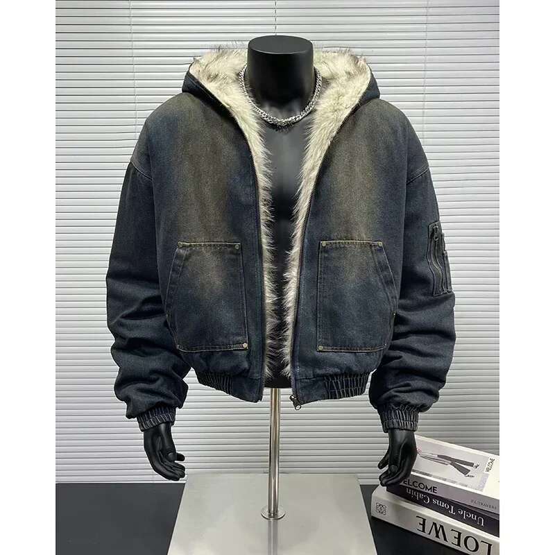 Men's Wear New Autumn Winter Loose Denim With Thickened And Warm Retro Design, Hooded Cotton Jacket, Fashionable Men's Jacket