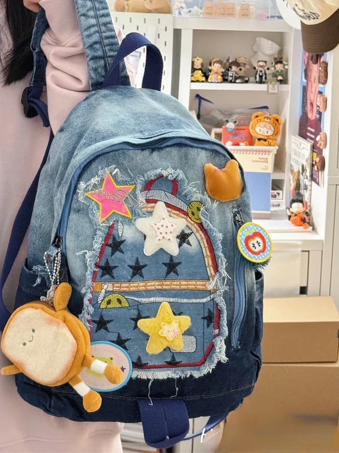 Retro Cowboy Color Matching Backpack Female Japanese Sweet Lovely Girl Y2k All-match Bag College Student Small Backpack 241230