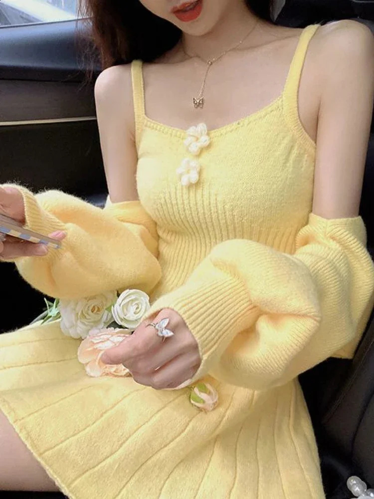 Sweet Knitted Autumn Winter Two Piece Dress Set Women Casual CoatStrap Female Korean Style Solid Slim Chic Suit 241220