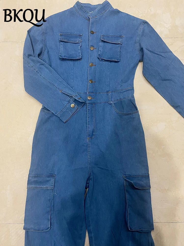 BKQU Denim Jumpsuit for Women Stretch Cargo Pocket Jean Overalls Long Sleeve Elegant Single Breasted Jumpsuit Y2k Streetwear 241230