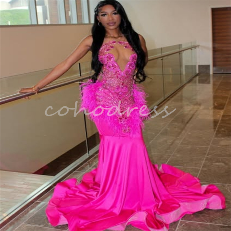Luxury Rhinestone Hot Pink Prom Dress Mermaid Plus Size Feather Birthday Dress Illusion Aso Ebi African Evening Gown Formal Occasion Vestidos De Fiest