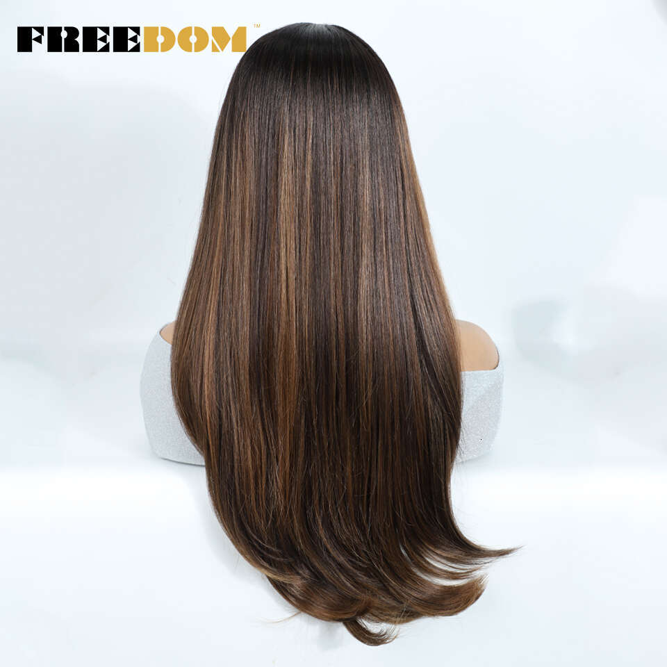 Synthetic Lace Front For Black Woman Layered Straight Wear And Go Glueless Wigs Ombre Brown T Part & 6X4 Pre Plucked Wig
