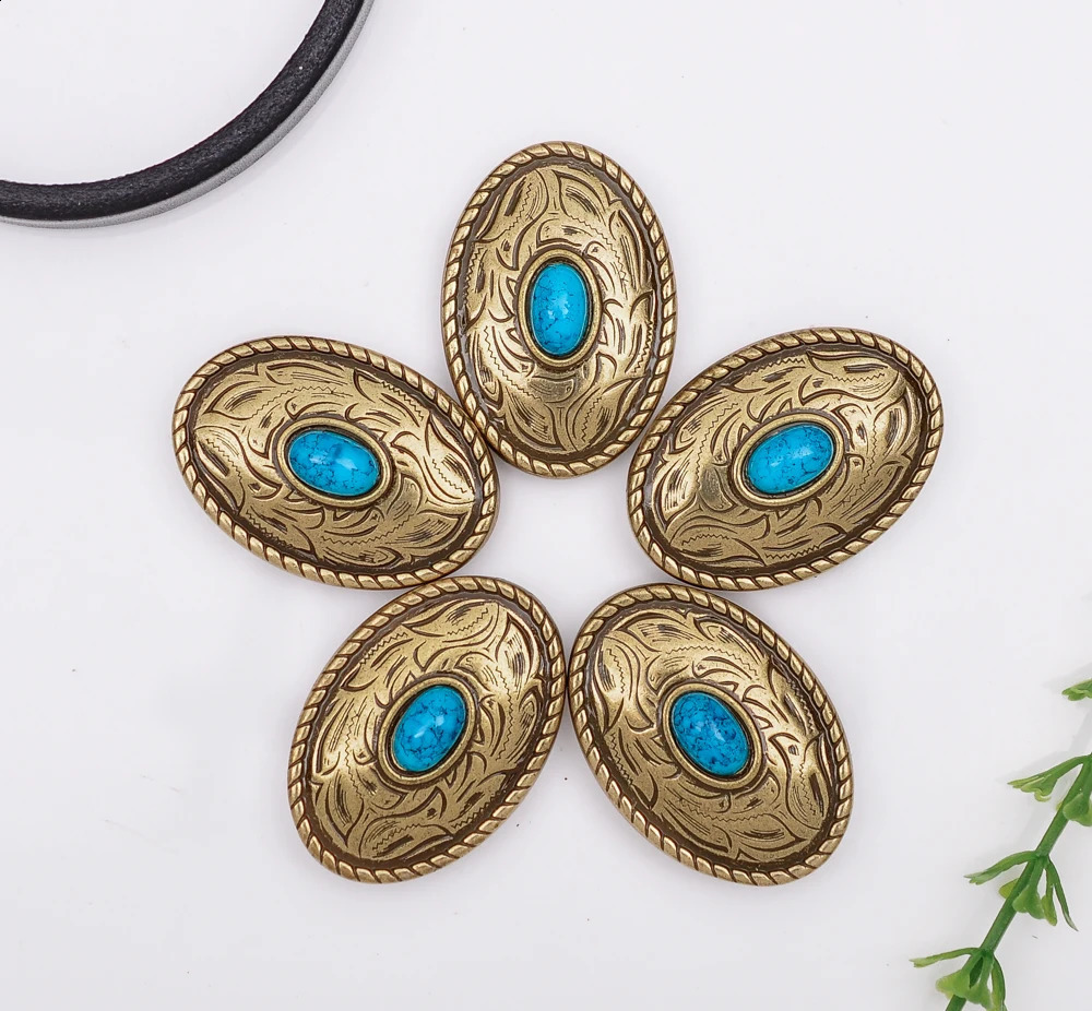 10pcs 35X25mm Antique Brass Turquoise Oval Western Horse Bridle Saddles Tacks Conchos For Leathercraft Wallet Chain Decor 241227