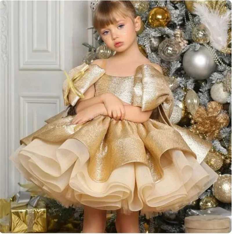Girl's Dresses Fluffy Gold Satin Flower Girl Dress Knee Length Sparkling Wedding Party Dress Bow Child Baby Birthday Dress Ballet Tutu Dress L250