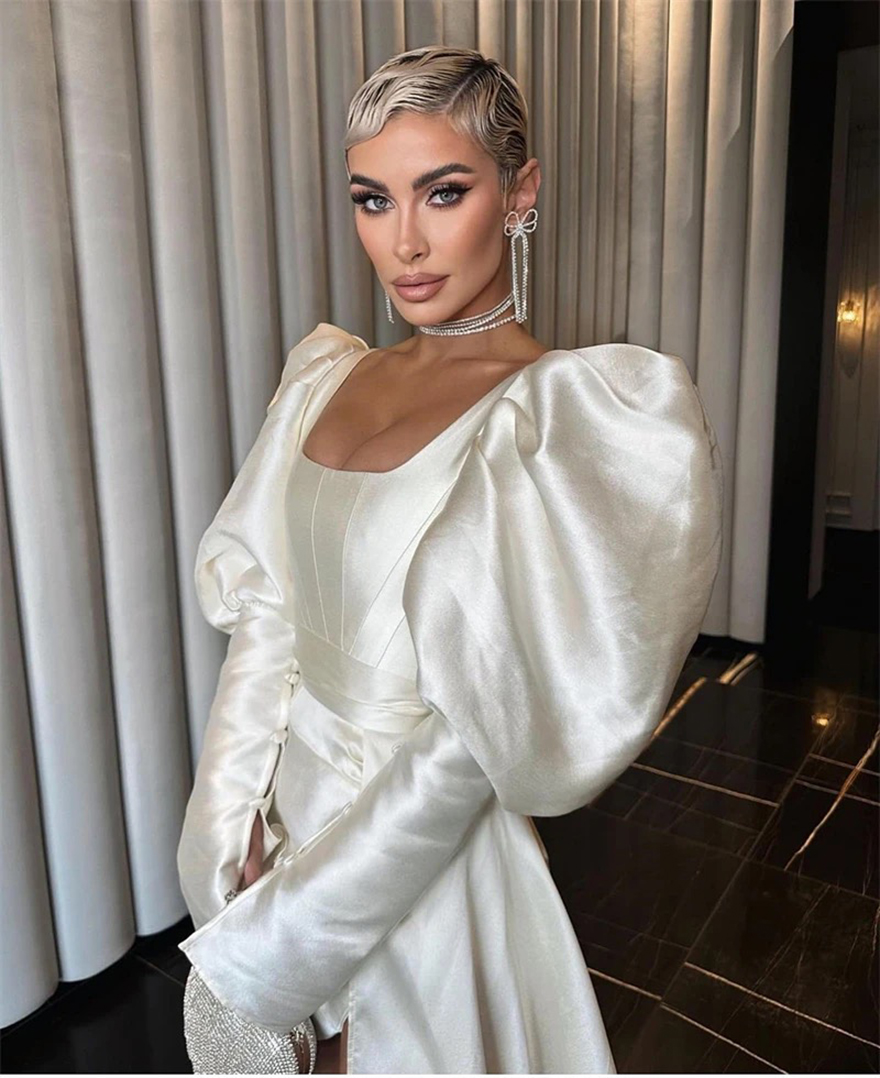 Simple Modern Ivory Satin Thick Short Wedding Dresses Long Puff Sleeves Mini Sexy Bridal Gowns Square Neck White Robe de mariage