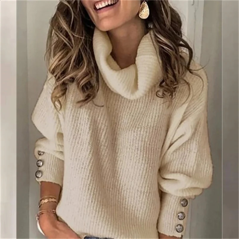 2024 Fashion Button Decoration Lantern Long Sleeve Knitwear Women Turtleneck Sweater Female Solid Color Pit Stripes Knitted Tops 241223
