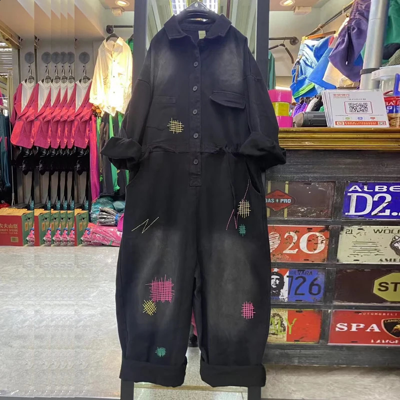 Cow Coveralls Women Autumn Streetwear Embroidery Lapel Button Denim Wide Leg Jumpsuit High Waist One-piece Pants Romper 241230