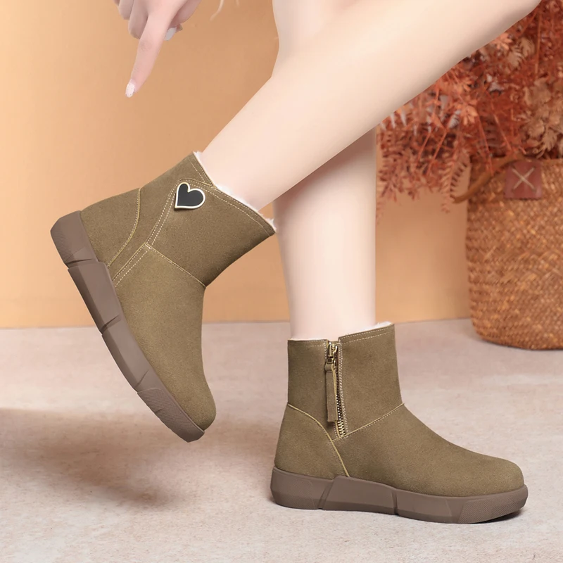 Snow Boots Women Winter Shoes Genuine Leather Women Ankle Boots Flat Large Size Natural Wool Non-slip Women Booties