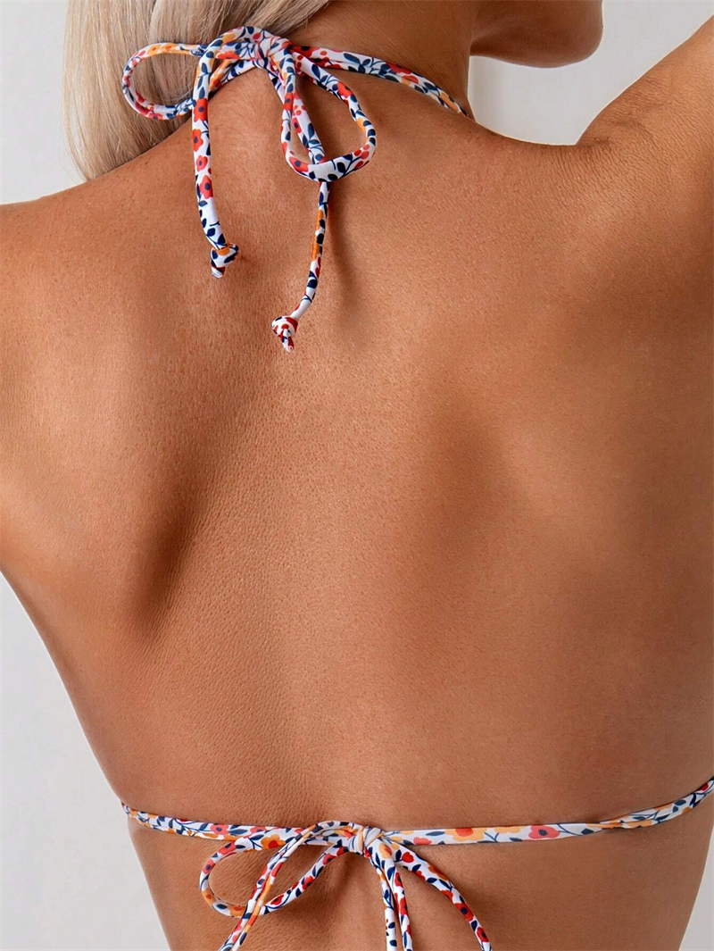 Sexy Floral Print Micro Bikini Women Backless Swimsuit Beach Sexy Low Waist Brazilian Bikinis Swimwear Strings Tied Halter Neck Femmes Maillots de bai