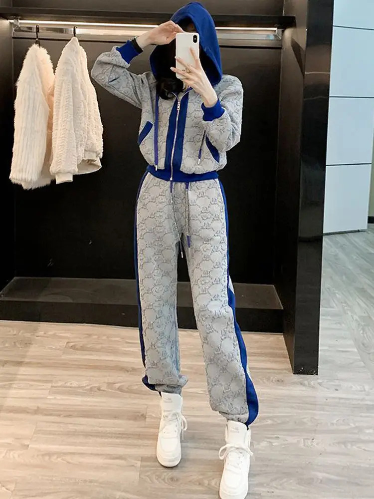 Ladies Trouser Draw String Sweatshirt Tracksuit Sport Color Matching Women's Pants Two Piece Set Spring Autumn Tailor New
