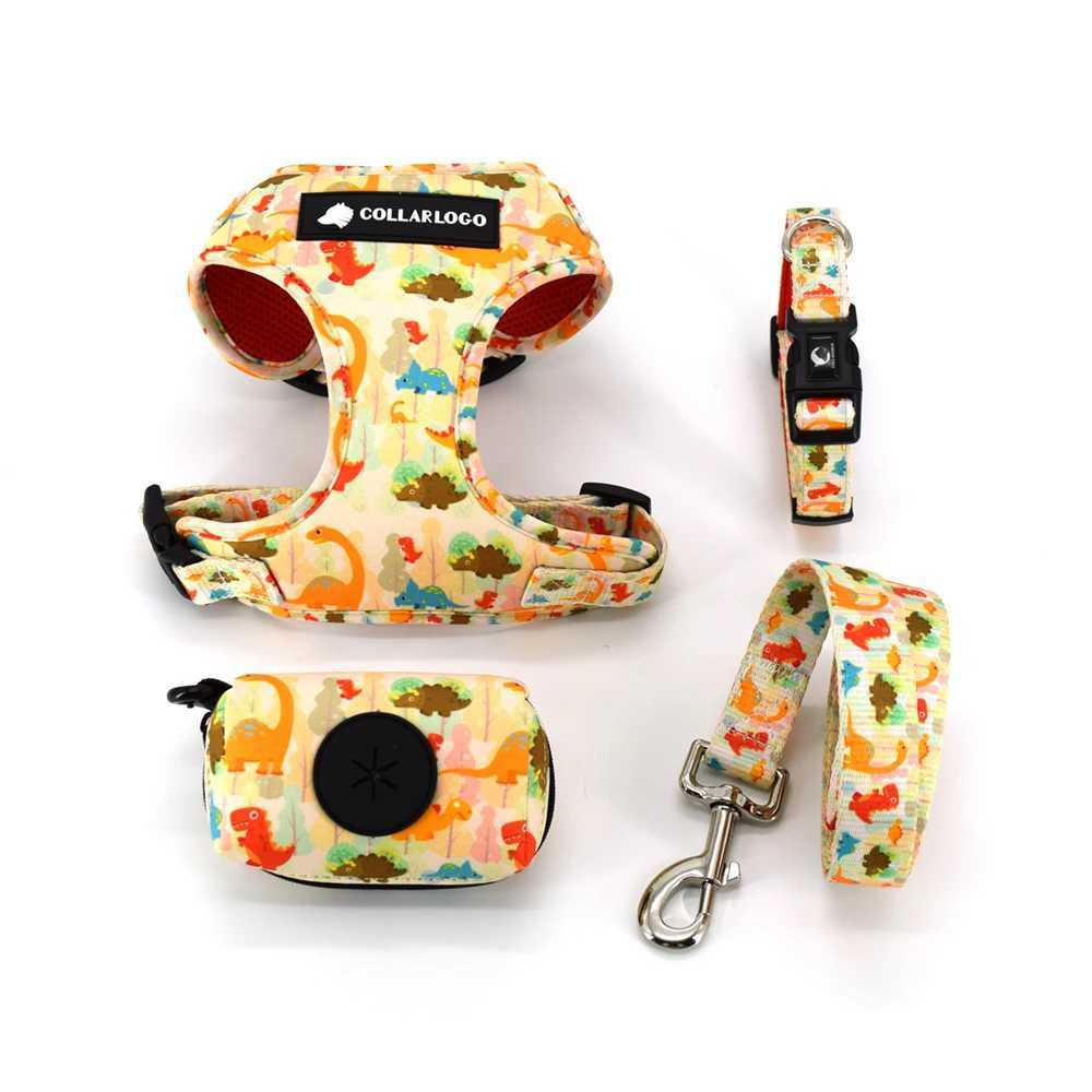 Adjustable Pet Dog Collar Durable Soft Cute Creative Colored Dinosaur Design Leash Neoprene Harness Poop Bag DispenserXJ241230