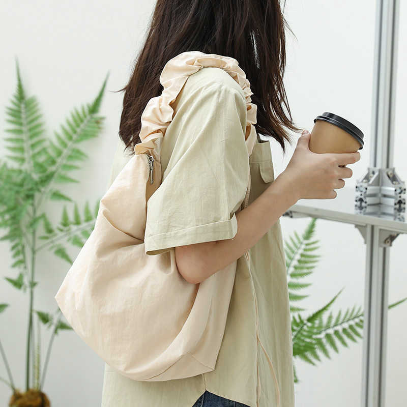 Casual drawstring handbag ins small fresh pleated one shoulder women's bag mesh red fashionable nylon fabric crossbody bag 241230