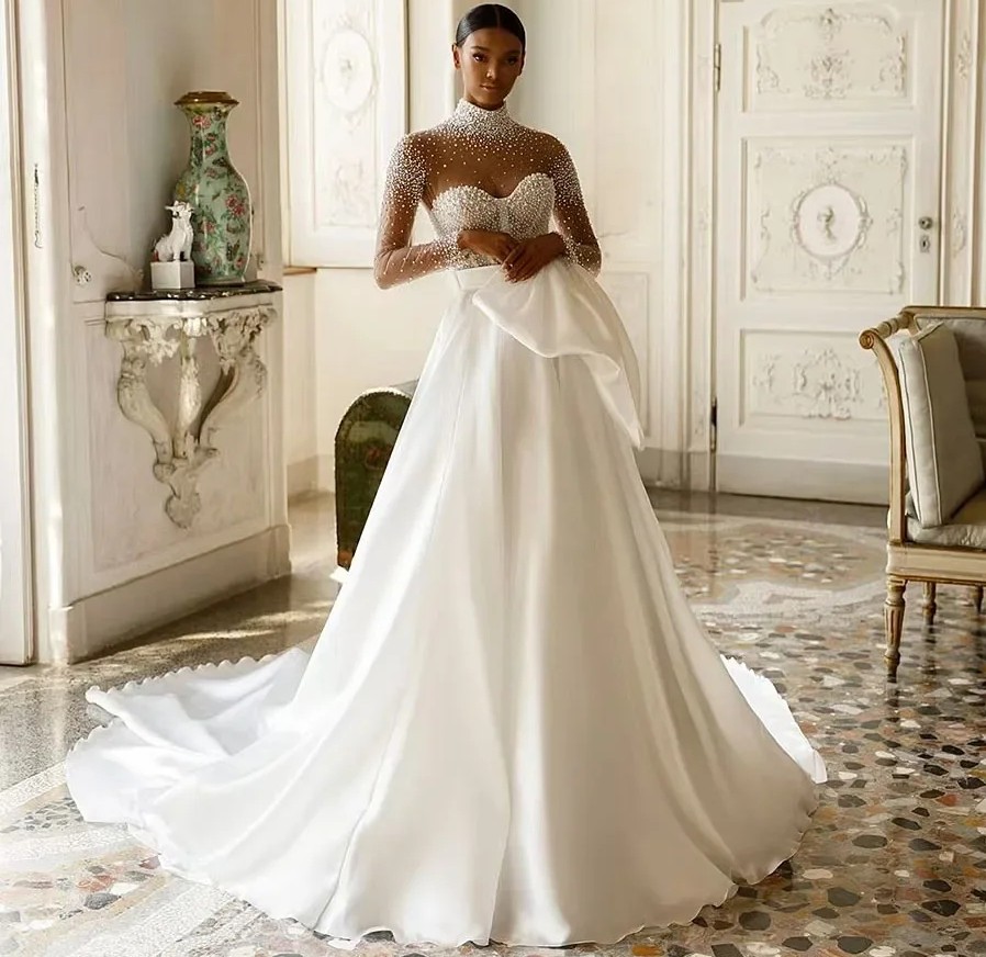 2025 Elegant A-line Bride Wedding Dress High Neck Pearls Beading Long Sleeve Satin Bridal Formal Gowns Vestidos De Novia African Robe De Mariage