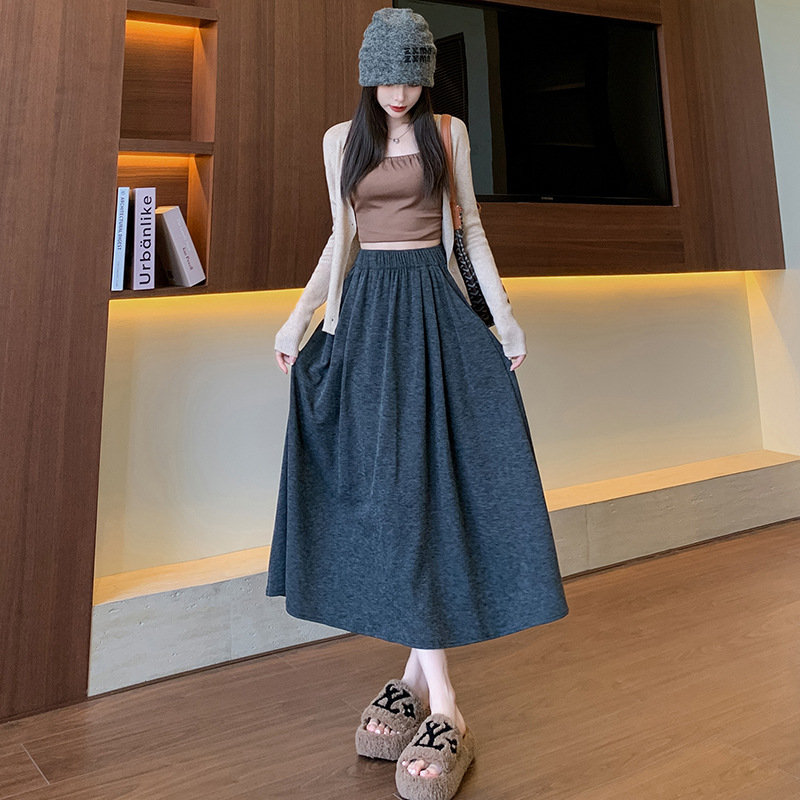 M95799 Spring and Autumn High Waist Slim Umbrella Skirt A-line Midi Skirt College Style Knitted Skirt