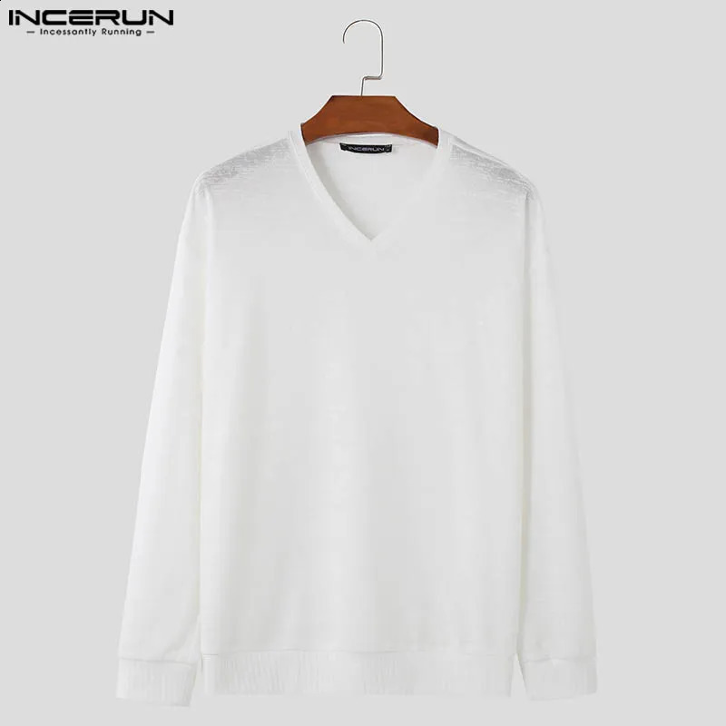 INCERUN Tops 2024 Korean Style Mens Fashion V-neck Loose Thin T-shirt Casual Simple Texture Knitted Long Sleeved Camiseta S-5XL 241230
