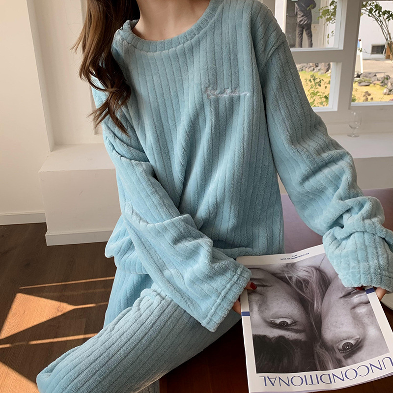 B588-Autumn and winter coral fleece pajamas women's long sleeve thickened home clothes crescent peach comfortable cotton velvet large size fashio