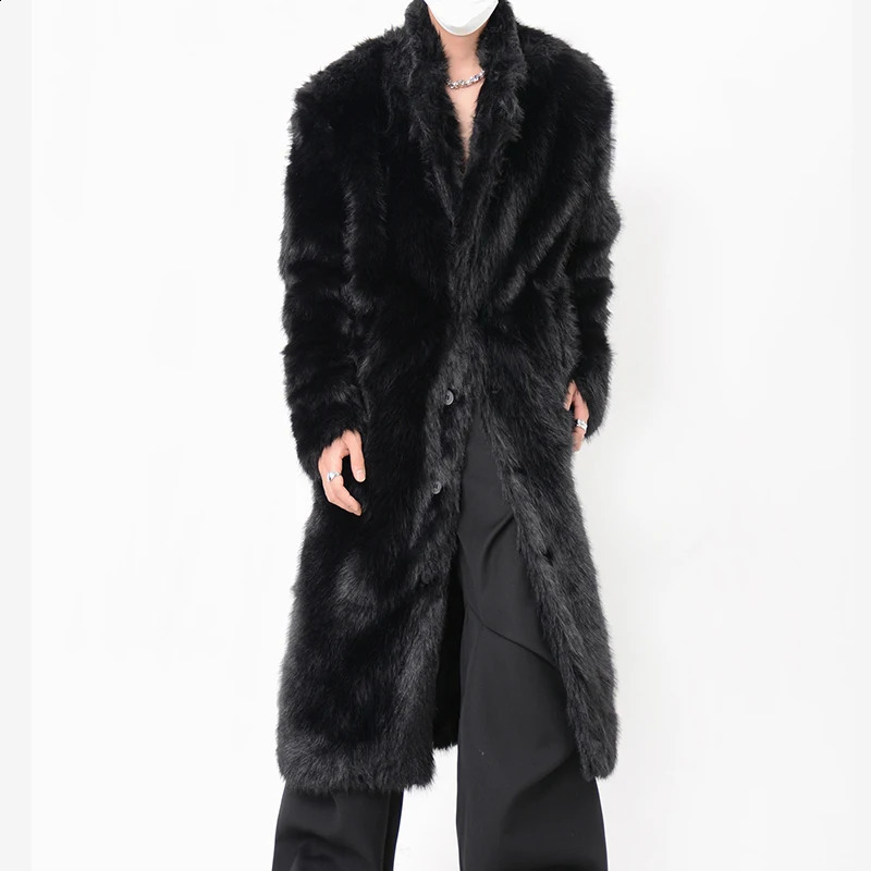 FEWQ Mens Warm Fur Coat Over Knee Plush Windbreaker Thickened Winter 2024 Solid Color Long Sleeve Male Tops Fashion 241224Z